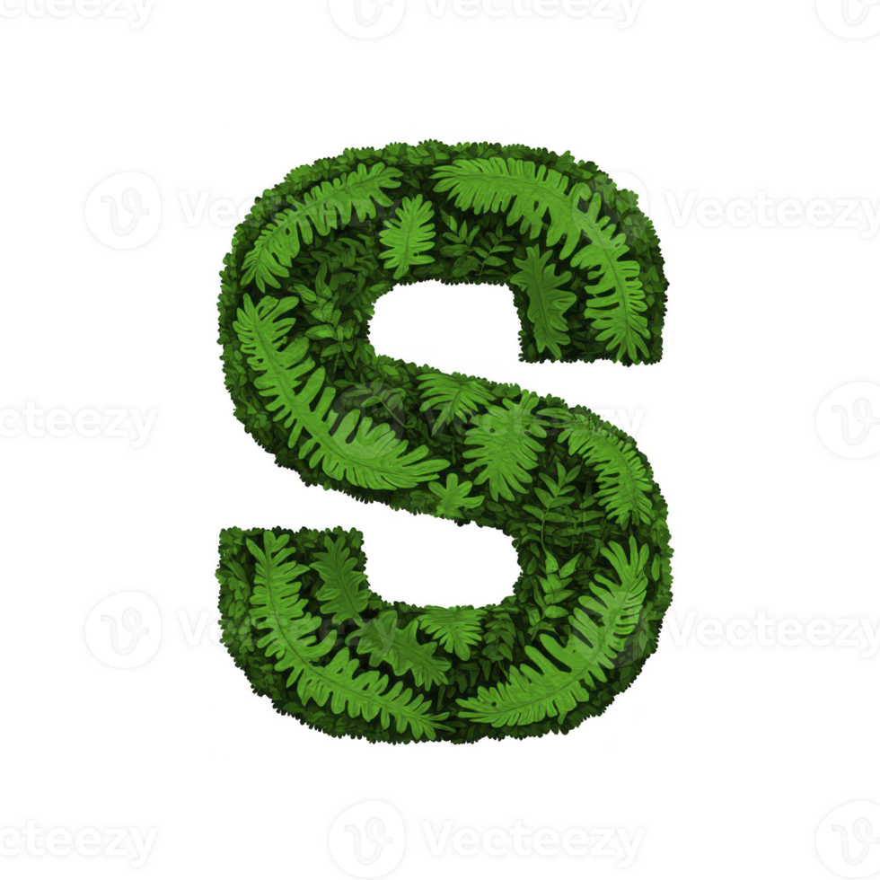 Letter S is creatively designed with lush green leaves, giving it natural and organic appearance. foliage texture adds fresh and vibrant feel to letter, making it stand out png