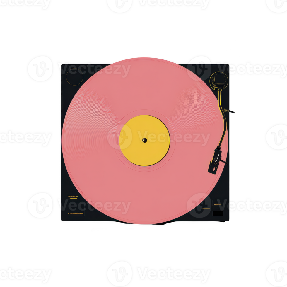 Pink vinyl record on black turntable with yellow label creates retro and vibrant aesthetic. stylus arm is positioned on record, ready to play music png