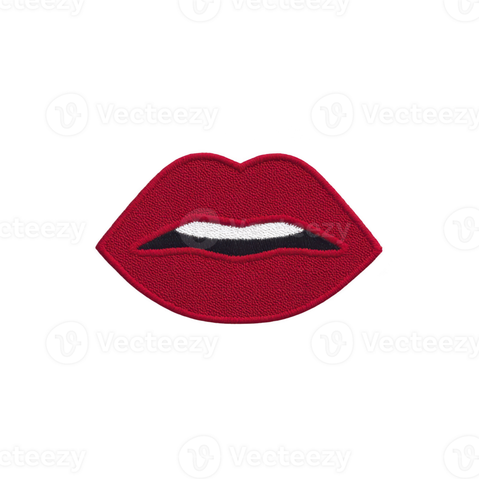 Red embroidered patch in shape of lips with white highlight, set against transparency background, conveys bold and playful expression png