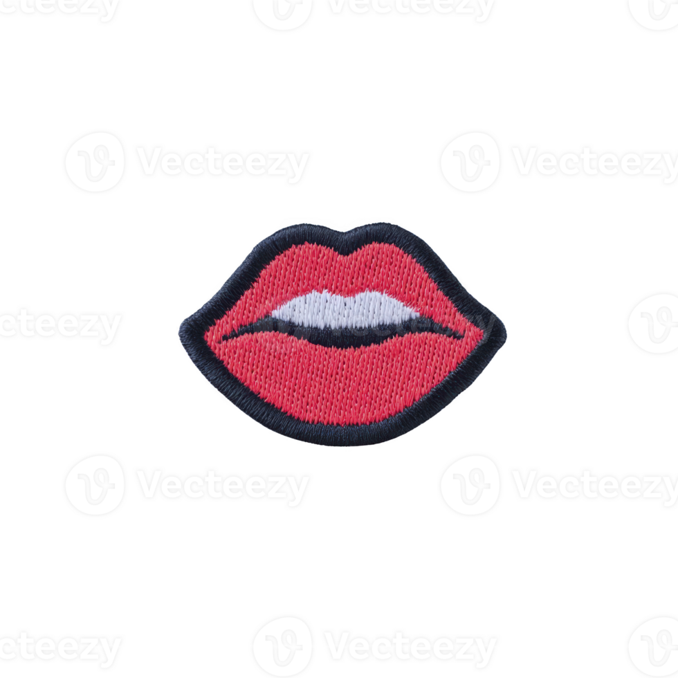 Vibrant embroidered patch featuring red lips with playful expression, outlined in black. Perfect for adding bold touch to clothing or accessories png