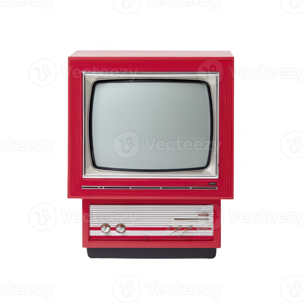 Vintage red television set with retro design and silver accents, featuring classic screen and control knobs, evokes nostalgia and mid century style png