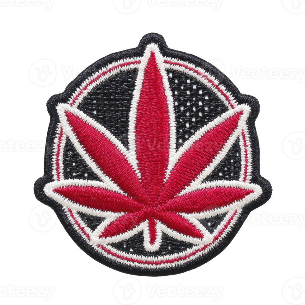 Red and white embroidered patch features stylized leaf design, set against black circular background with dotted pattern. patch has bold and striking appearance png
