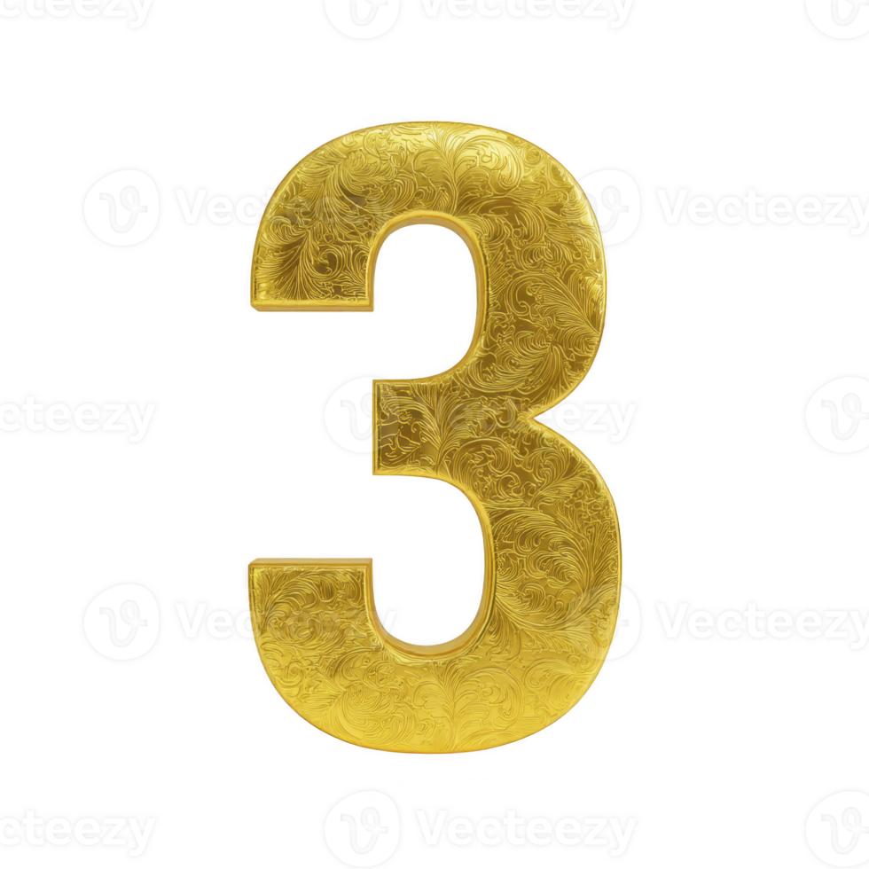 Golden number three with intricate floral patterns on transparency background, symbolizing elegance and luxury png