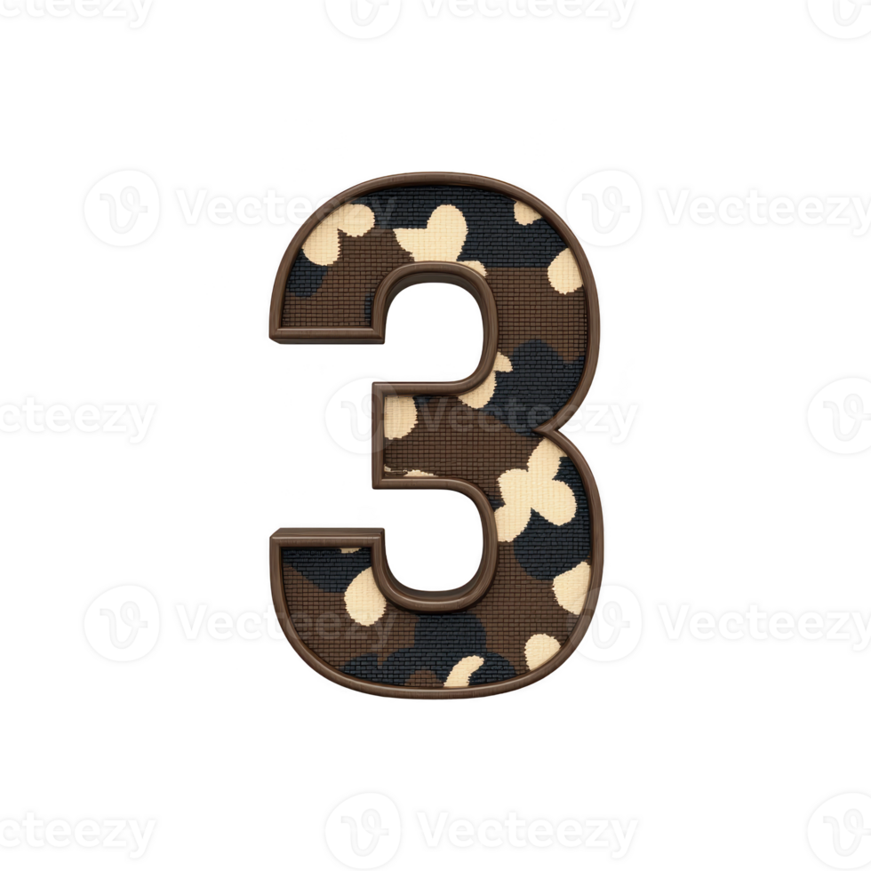 Camouflage number three with military inspired design, featuring brown and beige pattern. bold numeral stands out against transparent background, ideal for creative projects png