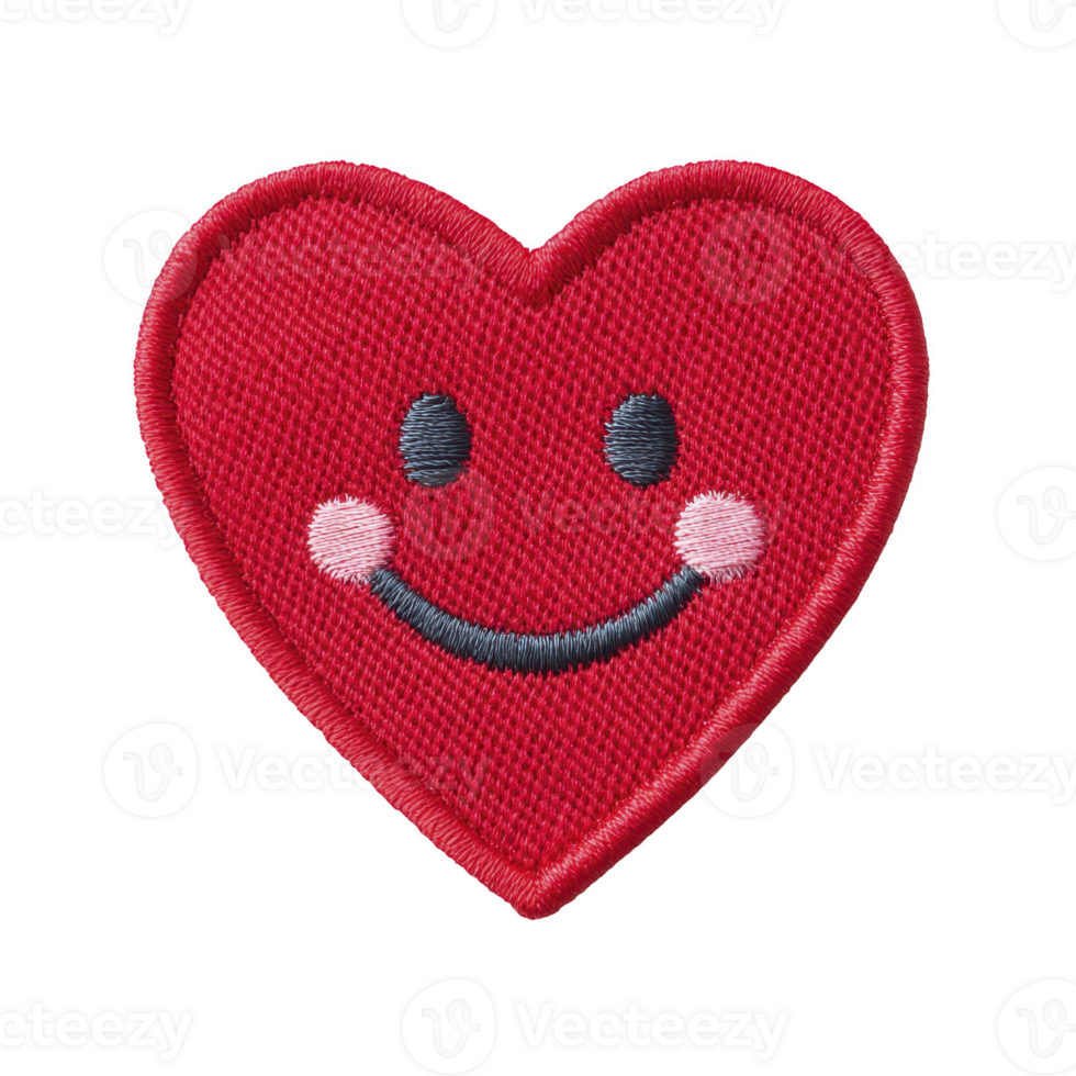 Red heart shaped patch with smiling face and pink cheeks, conveying cheerful and friendly expression. patch is embroidered with black eyes and curved smile png