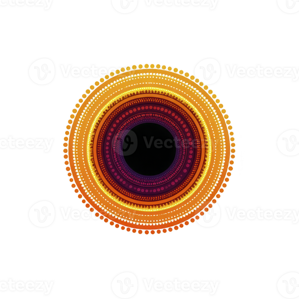 Vibrant mandala design with concentric circles in warm colors like orange, red, and yellow, creating mesmerizing pattern. intricate details and symmetry evoke sense of harmony and balance png