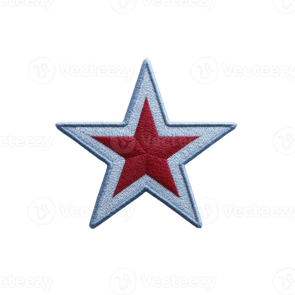 Blue and red embroidered star patch with bold design, featuring red star centered within larger blue star. patch is isolated on transparency background, highlighting its vibrant colors png