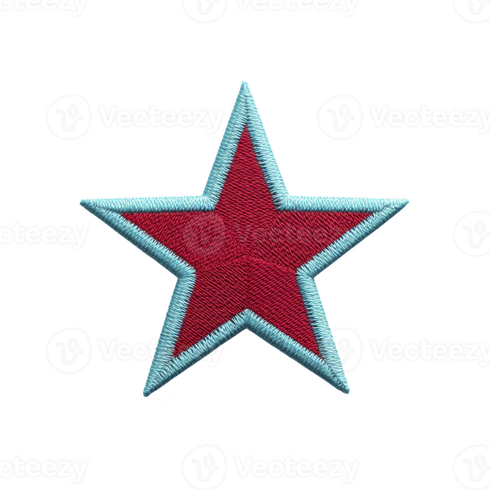 Red star with blue border, embroidered with intricate stitching, stands out against transparency background, symbolizing creativity and craftsmanship png