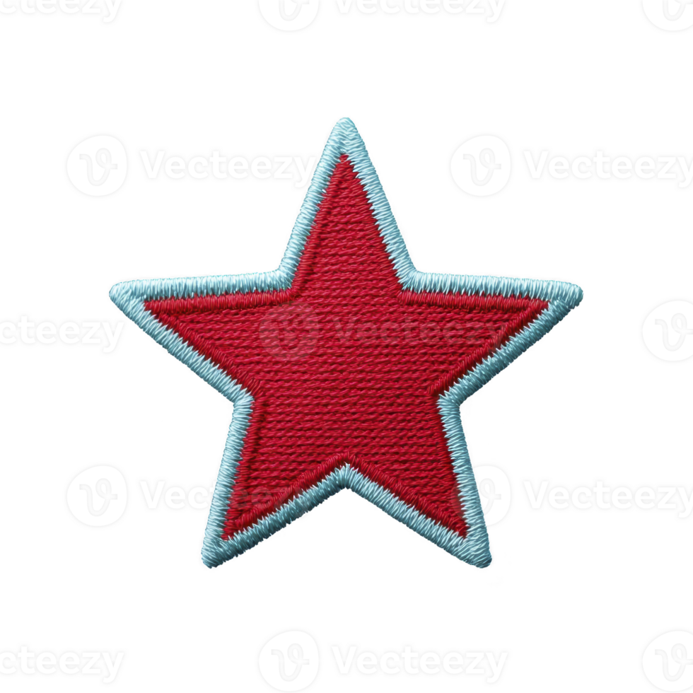 Red star patch with light blue border, featuring textured fabric design, is displayed on transparency background. star shape is bold and eye catching, suitable for clothing or accessories png
