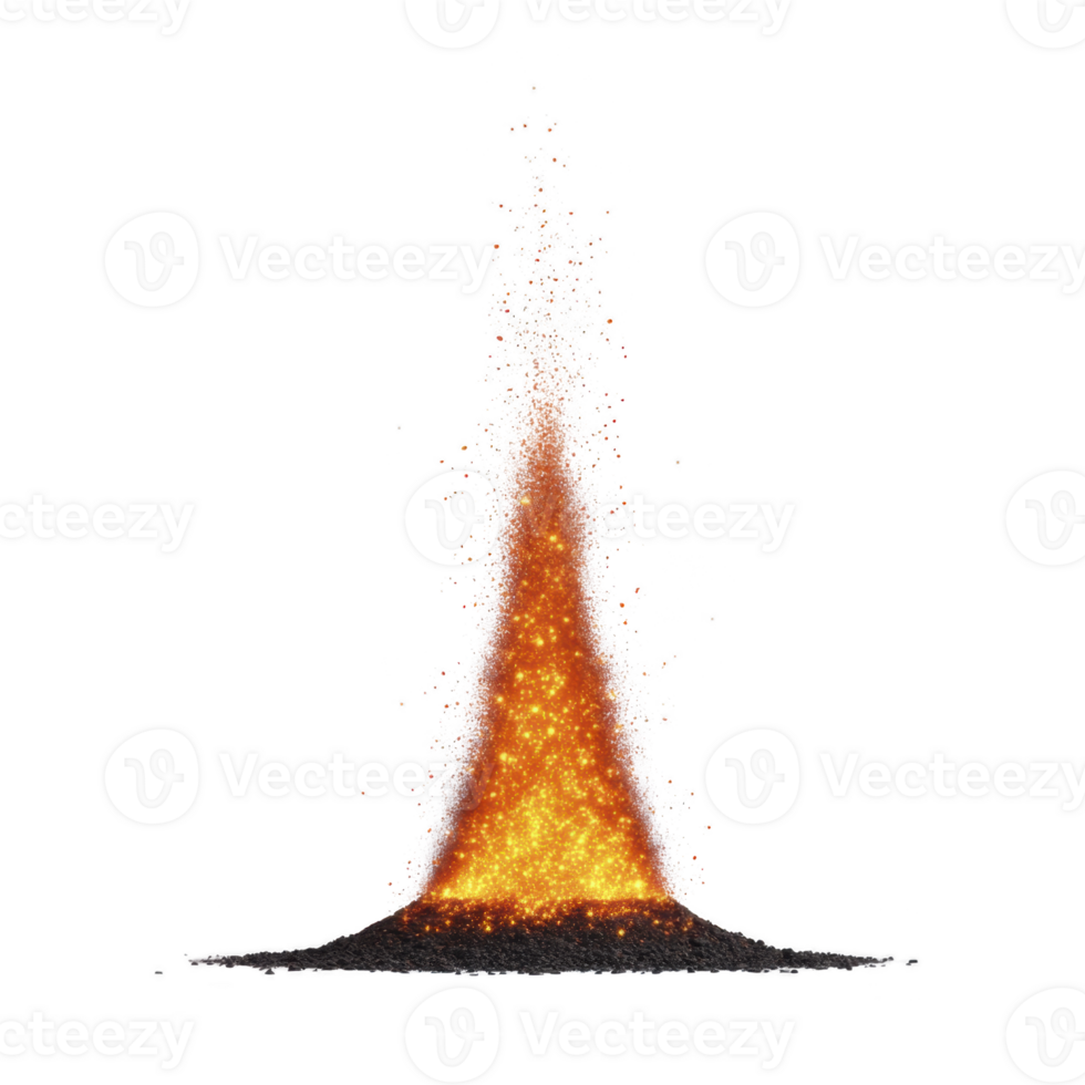Vibrant, fiery explosion of orange and yellow sparks erupts against transparency background, creating dynamic and energetic display. sparks scatter upwards, resembling volcanic eruption png