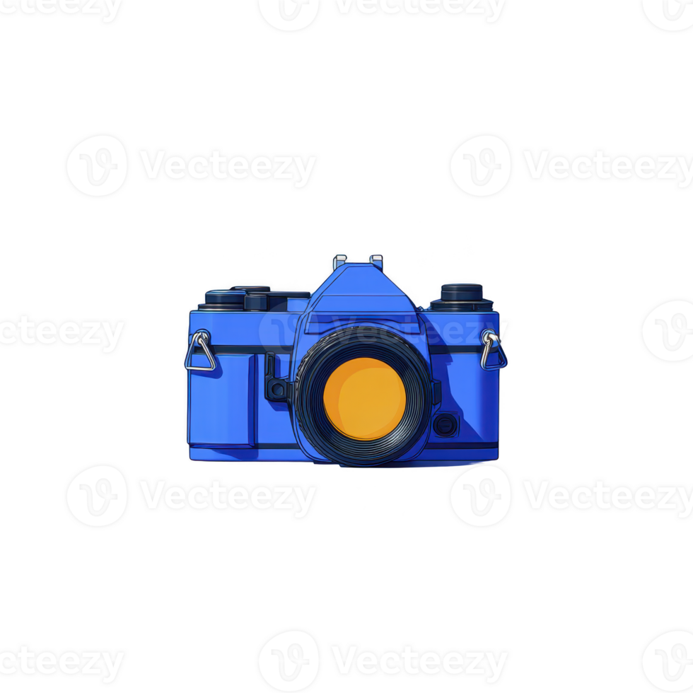 Vibrant blue vintage camera with yellow lens is centered against plain background, showcasing retro design. camera bold colors and classic style evoke nostalgia and creativity png