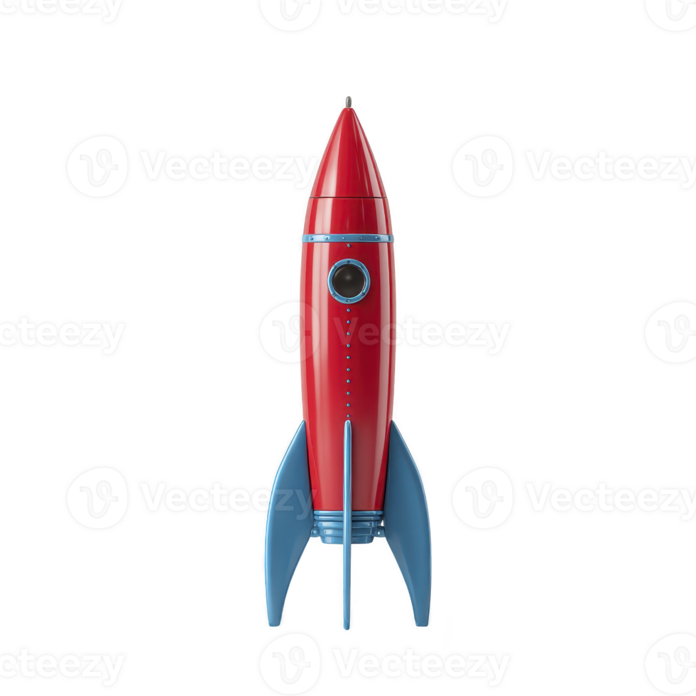 Red and blue toy rocket stands upright with sleek, retro design, featuring pointed nose and fins. playful and vibrant colors evoke sense of adventure and exploration png