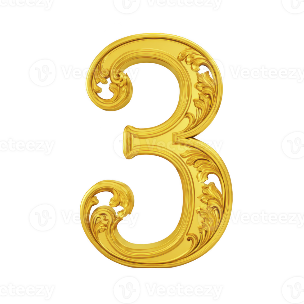 Golden ornate number three with intricate floral patterns transparency background, showcasing elegance and luxury. design is decorative and artistic, suitable for invitations or festive occasions png