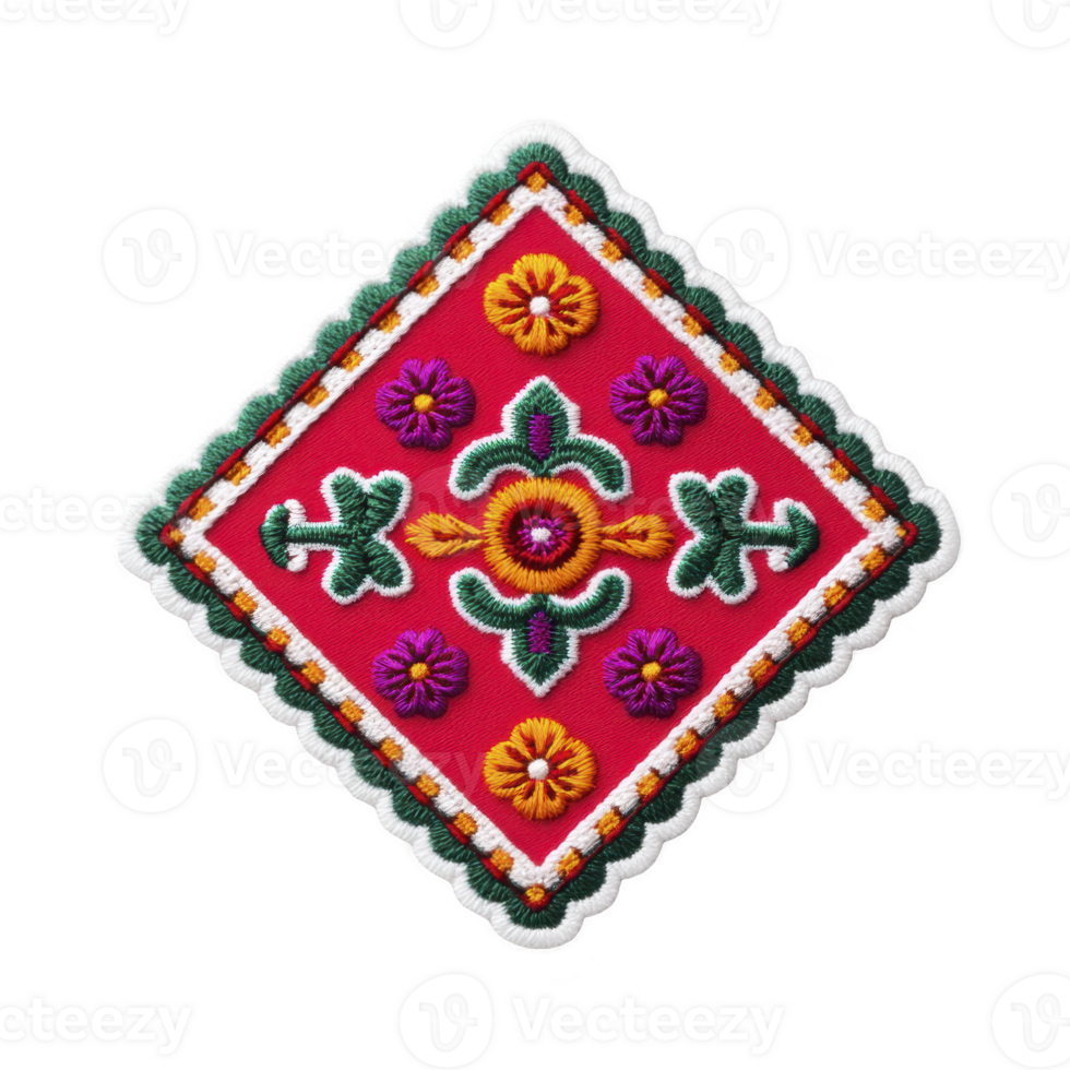 Vibrant embroidered patch with colorful floral patterns and geometric shapes on red background, featuring intricate stitching and scalloped edge png
