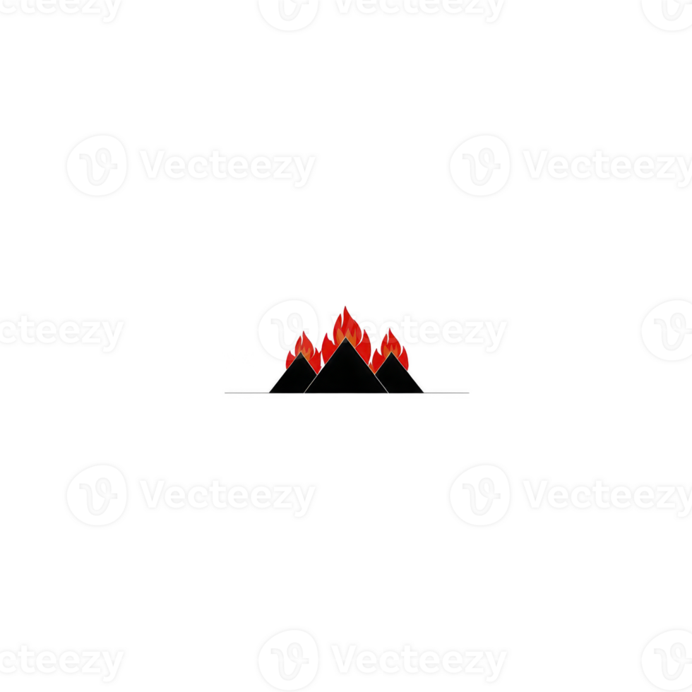 Minimalist logo features three stylized black mountains with red flames at peaks, set against transparency background, conveying sense of adventure and energy png