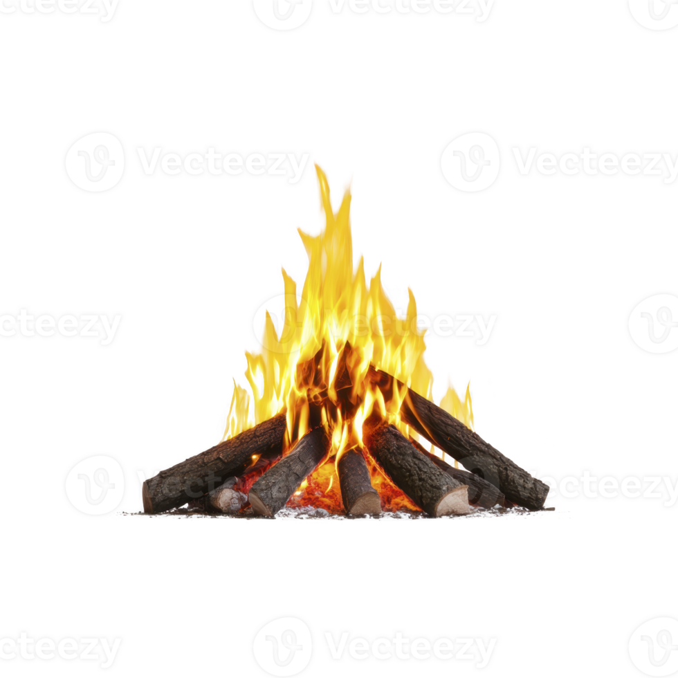 Warm, glowing campfire with bright yellow flames and wooden logs, perfect for outdoor gatherings and cozy nights. fire vibrant colors create comforting atmosphere png