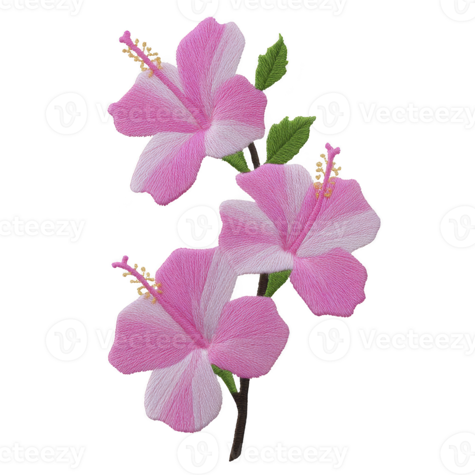 Three pink hibiscus flowers with green leaves are beautifully arranged, showcasing their delicate petals and vibrant colors. image captures elegance and natural beauty of these tropical blooms png