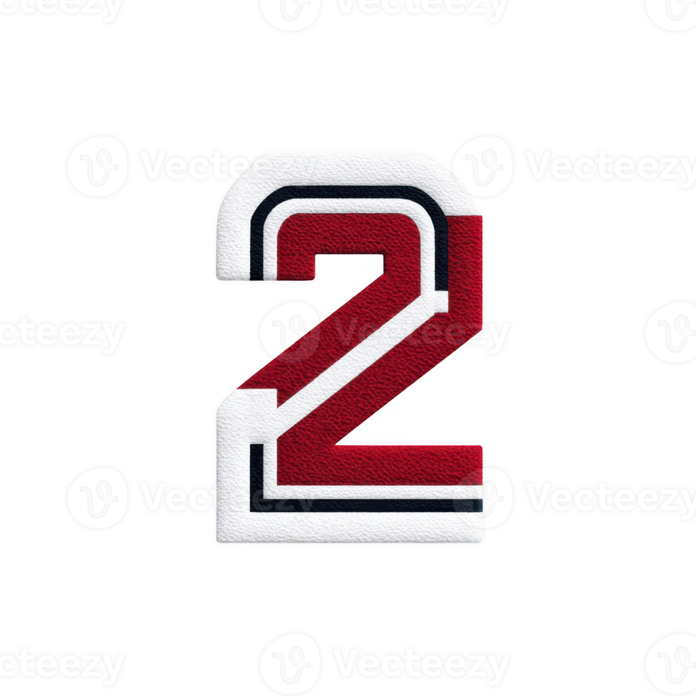 Image features bold, red and white number 2 with textured, embroidered appearance on transparency background. design is outlined in black, giving it sporty and dynamic look png