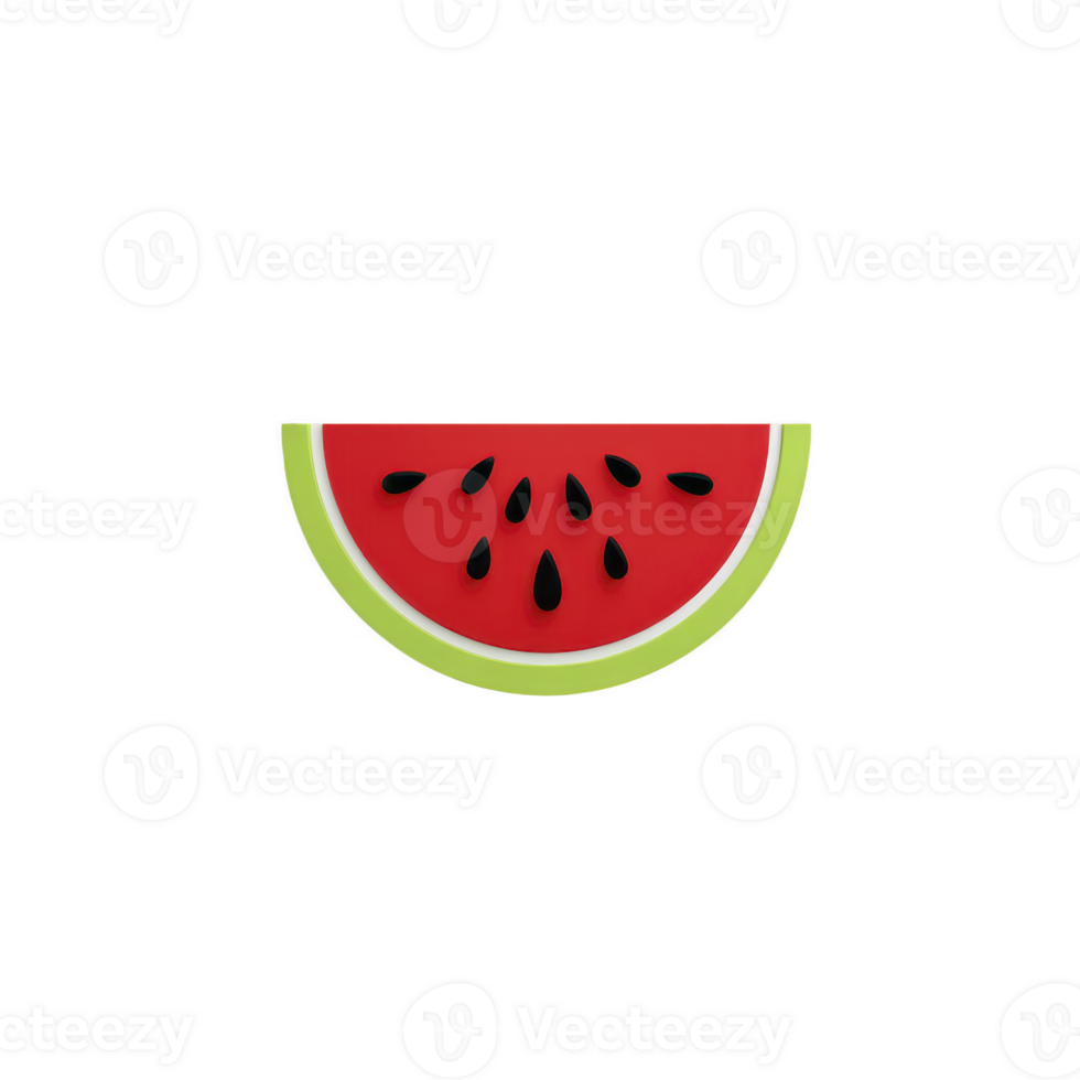 Vibrant illustration of watermelon slice with green rind and black seeds on red background, isolated on white backdrop. design is simple and playful png