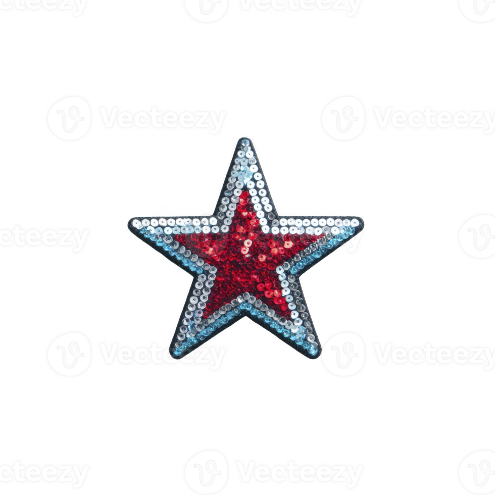 Sparkling red and silver sequin star patch shines brightly against transparency background, perfect for adding touch of glam to clothing or accessories png