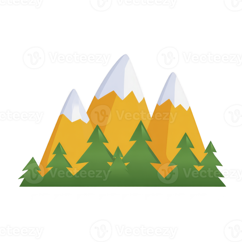 Stylized illustration of snow capped mountains with green pine trees in foreground, creating serene and natural landscape png