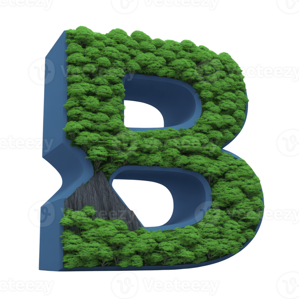 3D letter B is covered in lush green foliage, creating natural and eco friendly appearance. design combines elements of typography and nature, symbolizing growth and sustainability png