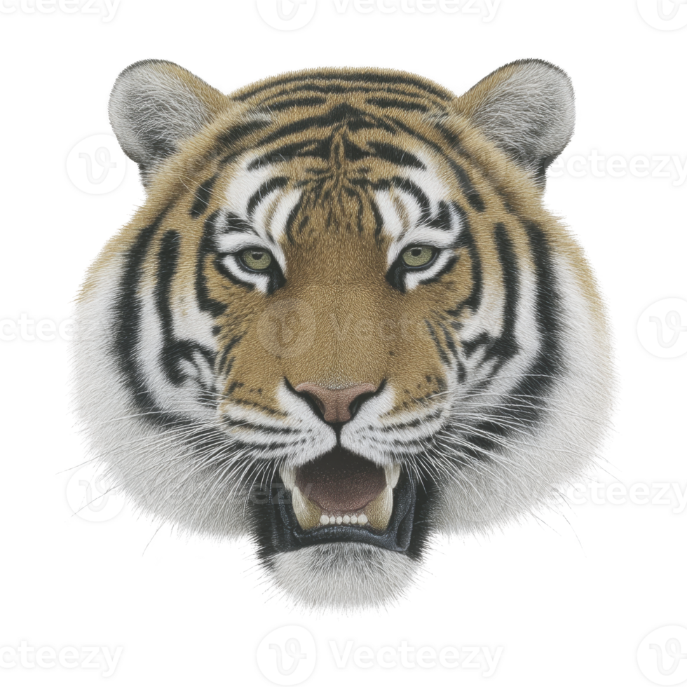Realistic illustration of tiger face, showcasing its fierce expression and detailed fur pattern. image captures tiger intense gaze and distinctive stripes, emphasizing its majestic presence png