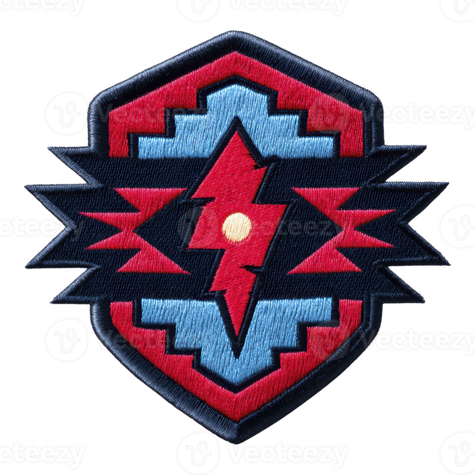 This features colorful embroidered patch with geometric design, including central lightning bolt motif red and blue tones. patch has shield like shape, adding bold and dynamic feel.Patch design png