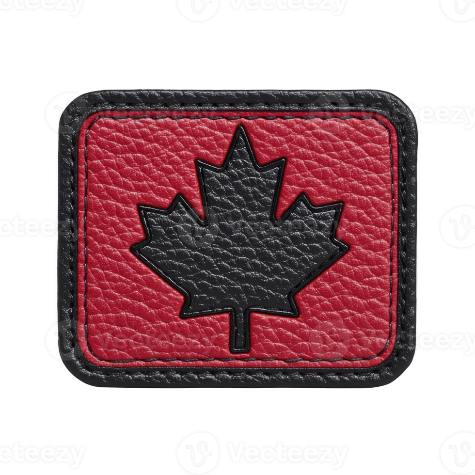 Leather patch featuring black maple leaf design on red background, symbolizing Canada. textured material adds rugged and stylish touch, perfect for clothing or accessories png