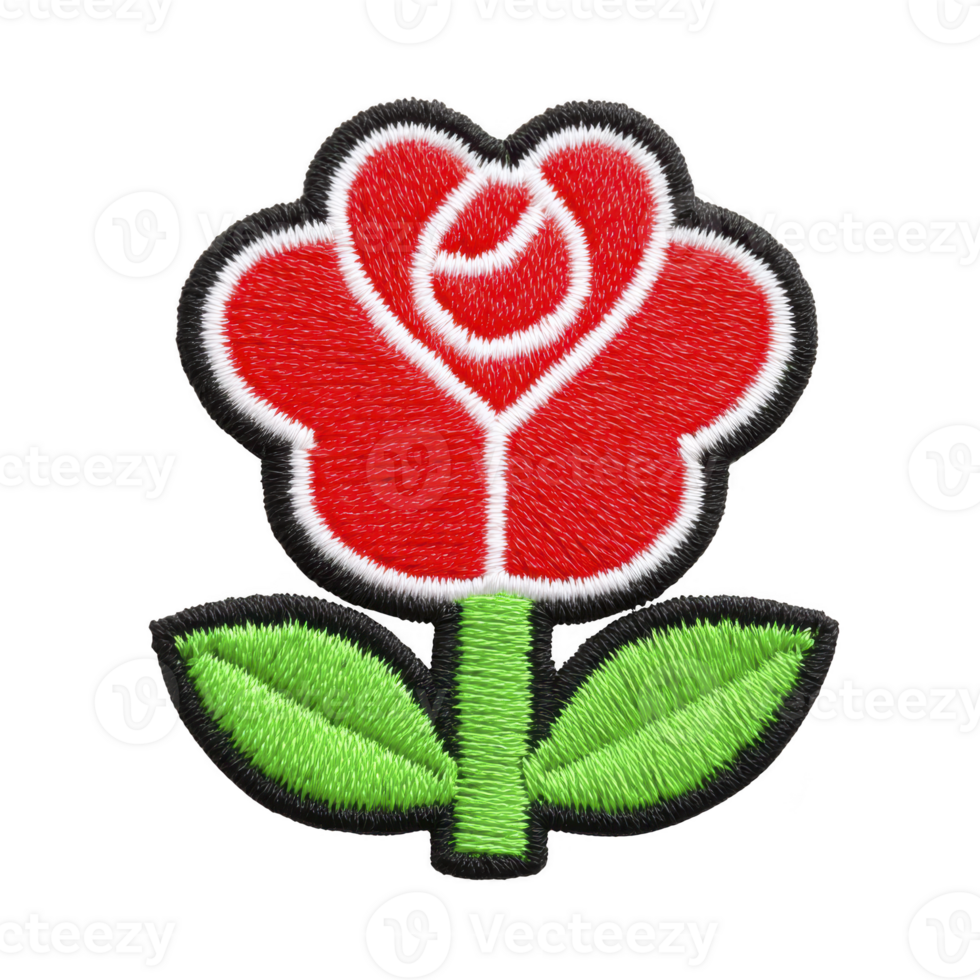 Vibrant embroidered red rose patch with green leaves, showcasing intricate stitching and bold design, perfect for adding touch of elegance to clothing or accessories png