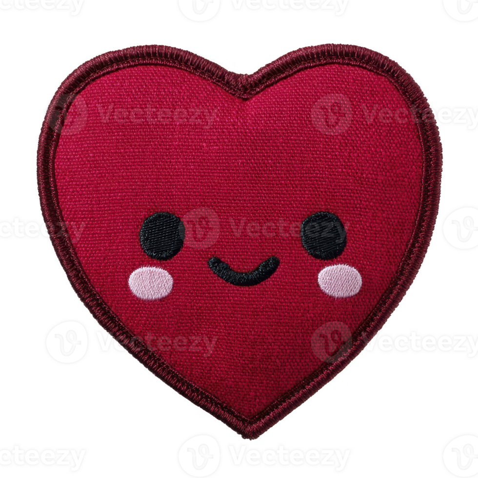 Cute, smiling heart shaped patch with red fabric texture and embroidered details, featuring cheerful expression. Perfect for adding playful touch to clothing or accessories png