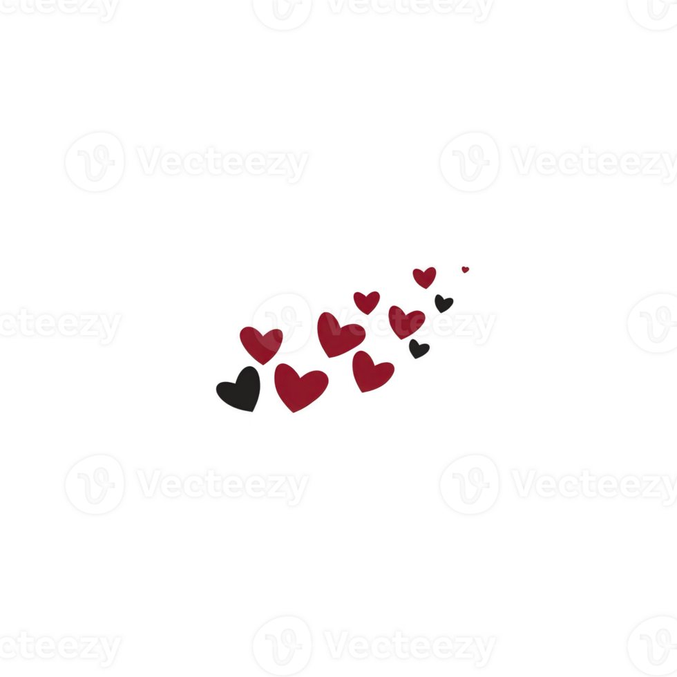 Series of red and black hearts are scattered diagonally across transparency background, creating playful and romantic pattern. hearts vary in size, adding dynamic and whimsical feel to design png