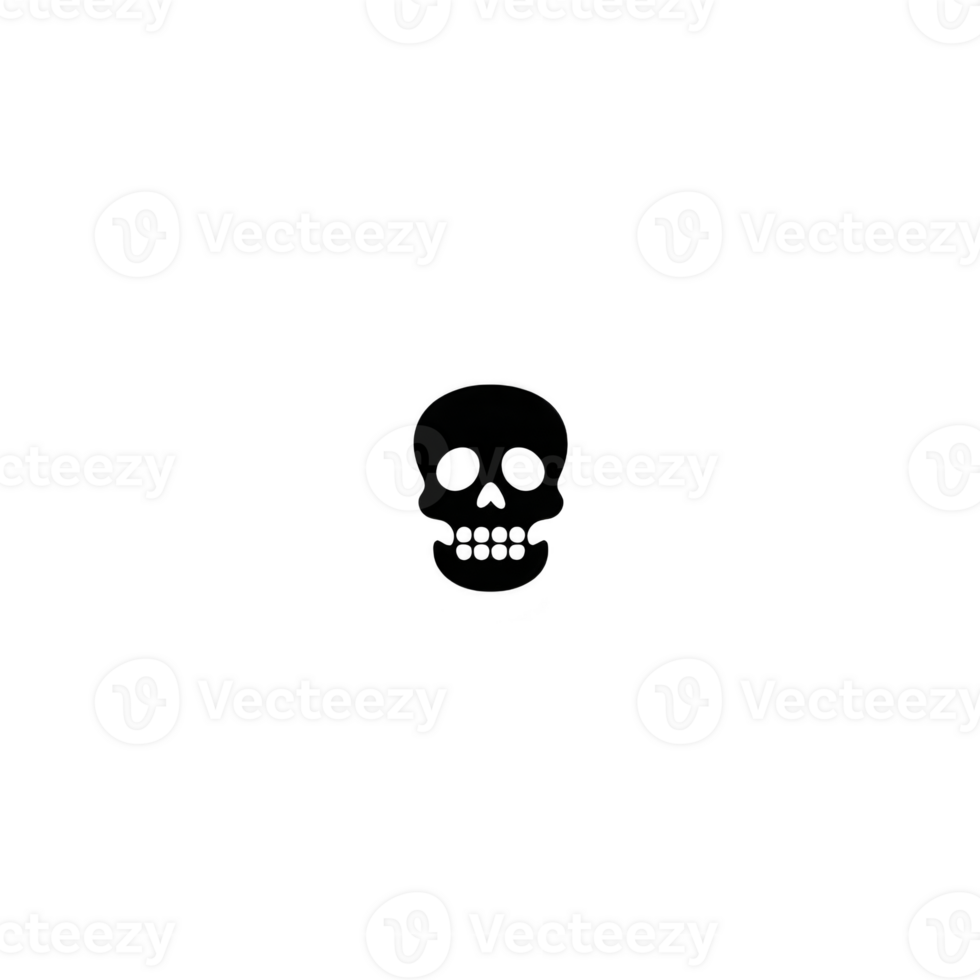 Small, simple black skull illustration is centered on plain transparency background, creating stark and minimalist design. skull features are basic, emphasizing its eyes and teeth png