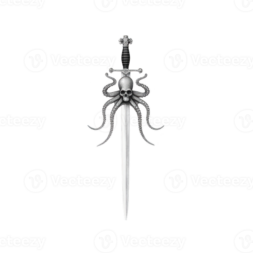 Silver sword with skull and octopus design on hilt, featuring intricate tentacles extending from skull, creating menacing and mysterious appearance png