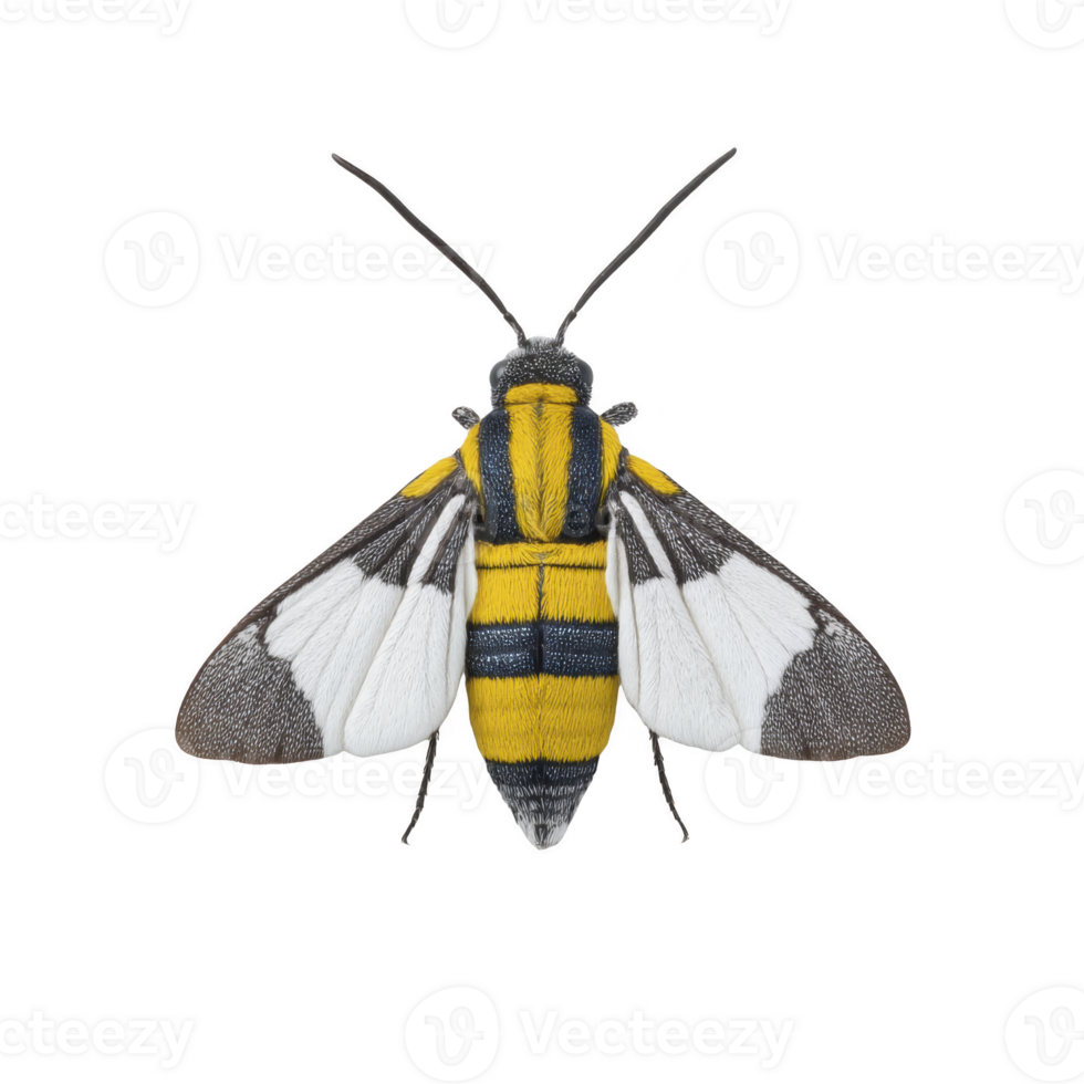 Vibrant moth with striking yellow, black, and white patterns on its wings, displayed against plain background. intricate design and vivid colors make it captivating subject for nature enthusiasts png