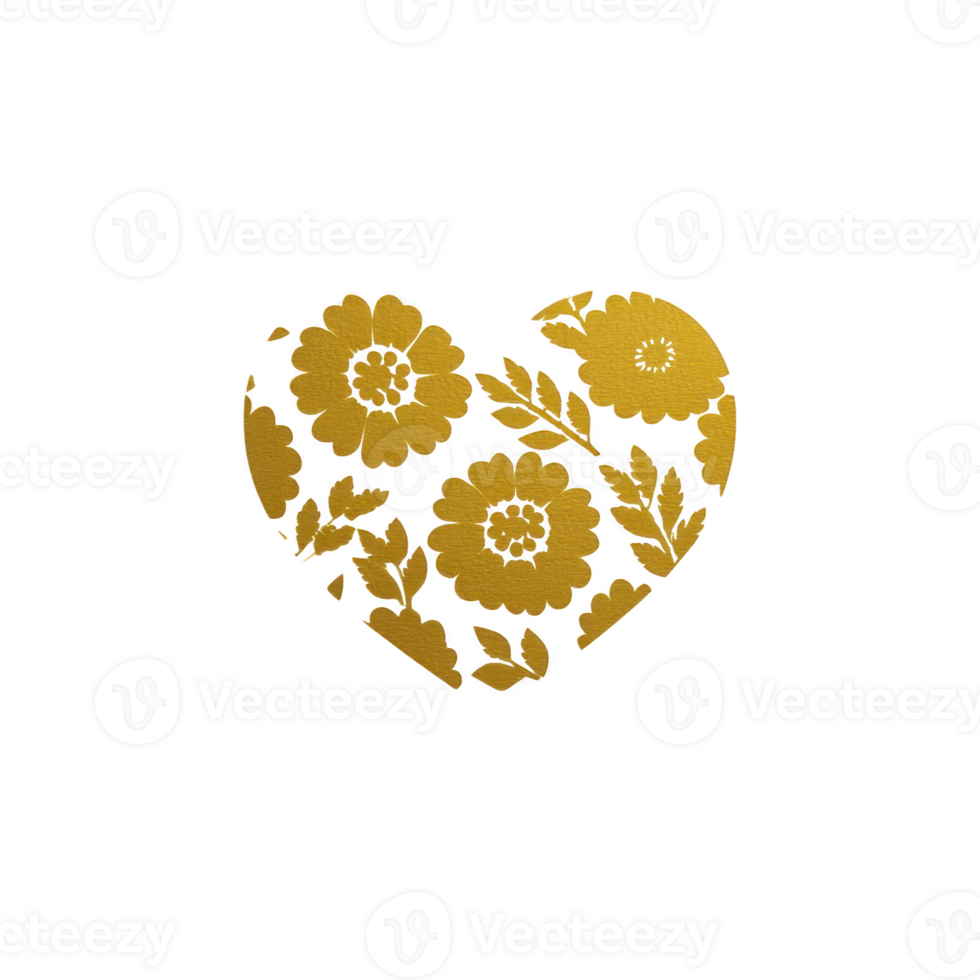 Heart shaped floral design with intricate golden flowers and leaves on transparent background, creating elegant and decorative motif png