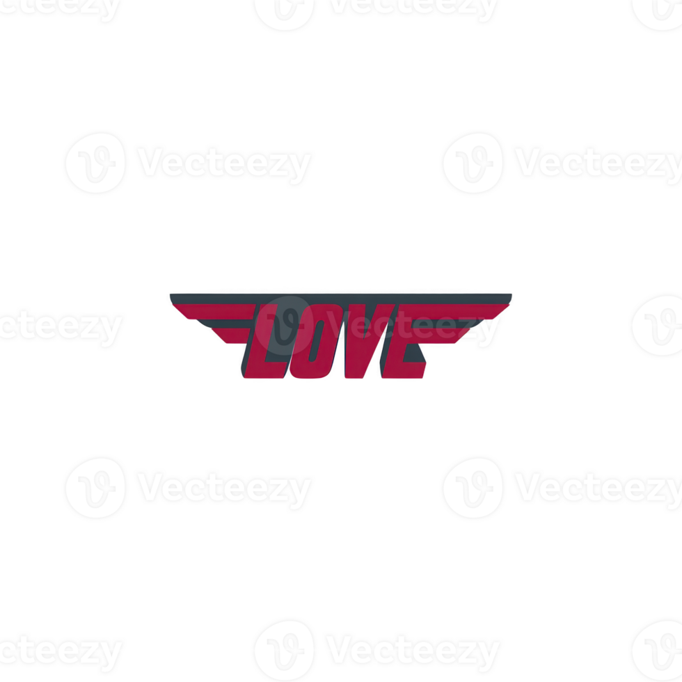 Image features word LOVE in bold red letters with stylized wings extending from each side, set against transparent background. design conveys sense of freedom and affection png