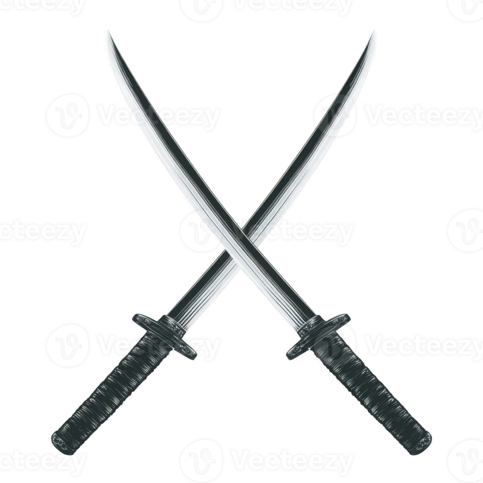 Two crossed swords with black handles and shiny blades create striking and dynamic image, symbolizing strength and conflict. swords sleek design adds sense of elegance png