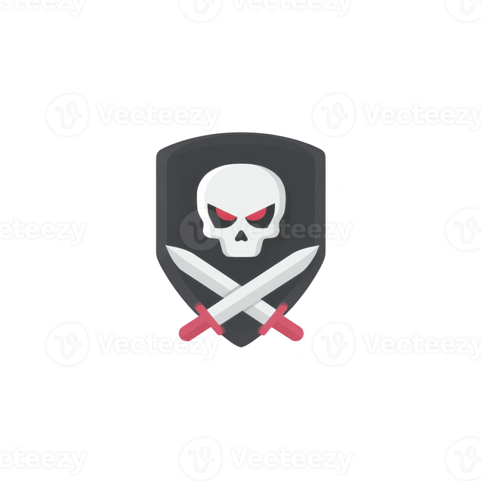 Skull with red eyes and two crossed swords on dark shield creates menacing emblem, often associated with danger or piracy. design is bold and striking png