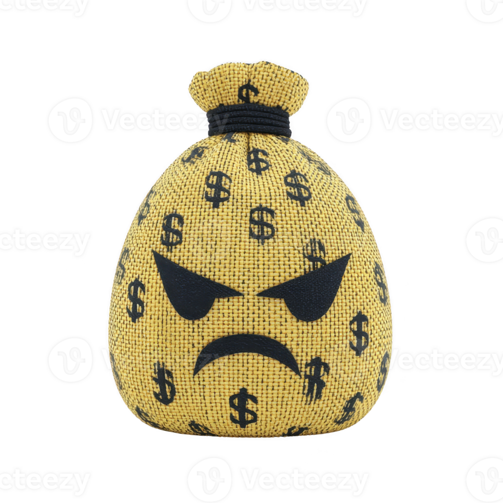 Yellow money bag with frowning face and dollar signs symbolizes financial stress or greed. bag is textured and has drawstring top, conveying sense of wealth and emotion png