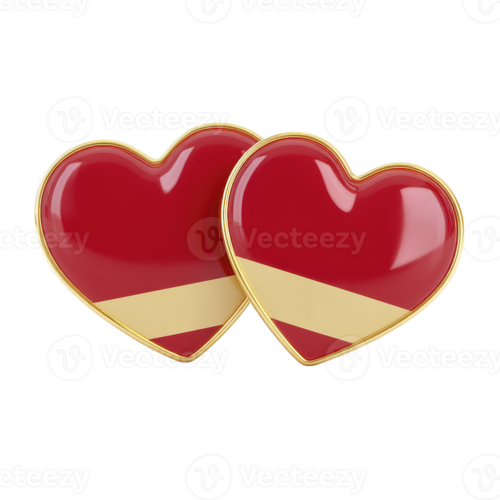 Two glossy red heart shaped objects with gold accents are placed side by side, symbolizing love and connection. shiny surface and elegant design evoke sense of romance and luxury png