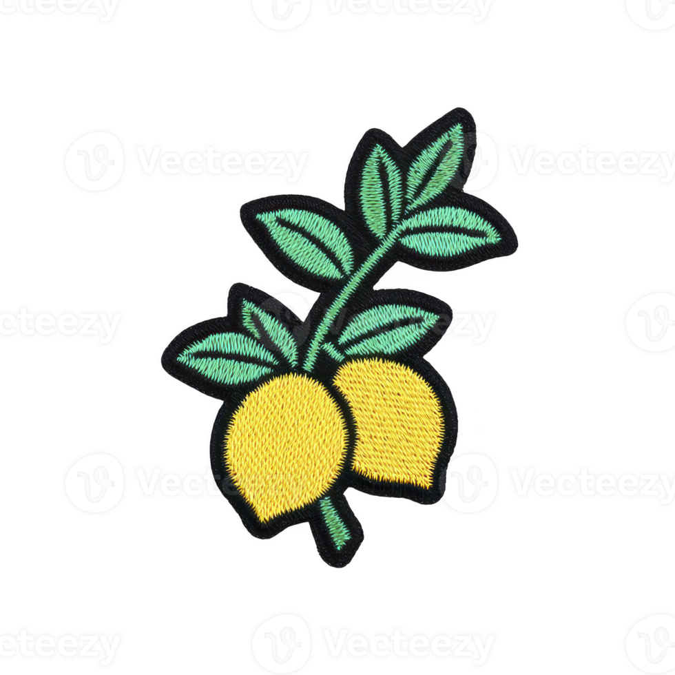 Vibrant embroidered patch features two yellow lemons with green leaves, showcasing intricate stitching on transparency background. Perfect for adding fresh touch to clothing or accessories png