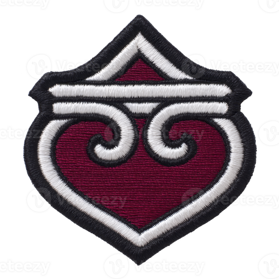 This features embroidered patch with heart shaped design maroon and white, outlined black. intricate pattern includes swirling lines, giving it decorative and artistic appearance. Embroidered png