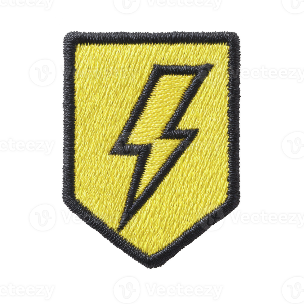Yellow embroidered patch features bold black lightning bolt design, symbolizing energy and power. patch has shield shape with textured fabric surface, ideal for clothing or accessories png