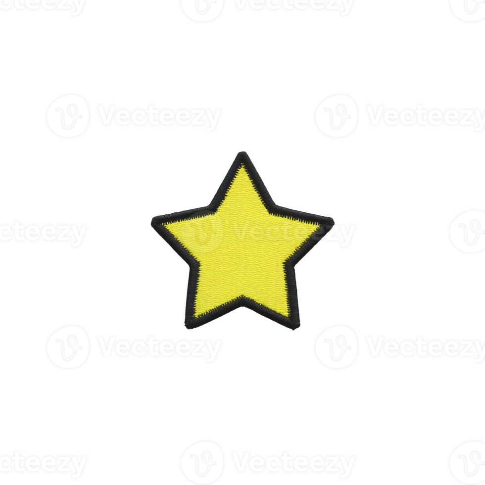 Bright yellow star patch with black outline is displayed on plain background, symbolizing achievement or decoration. simple design is eye catching and versatile png
