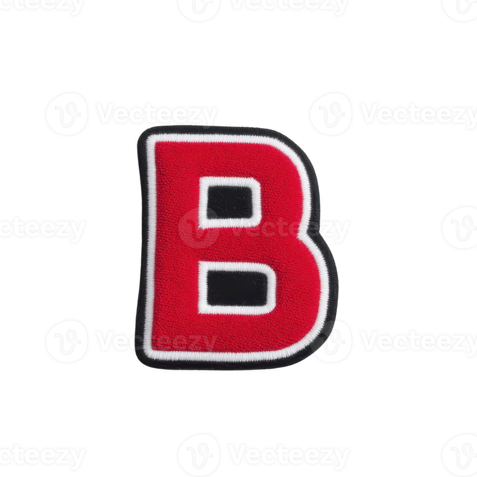 Red letter B patch with white and black outline, isolated on transparency background. bold design is often used for varsity jackets or team apparel, adding sporty and classic touch png