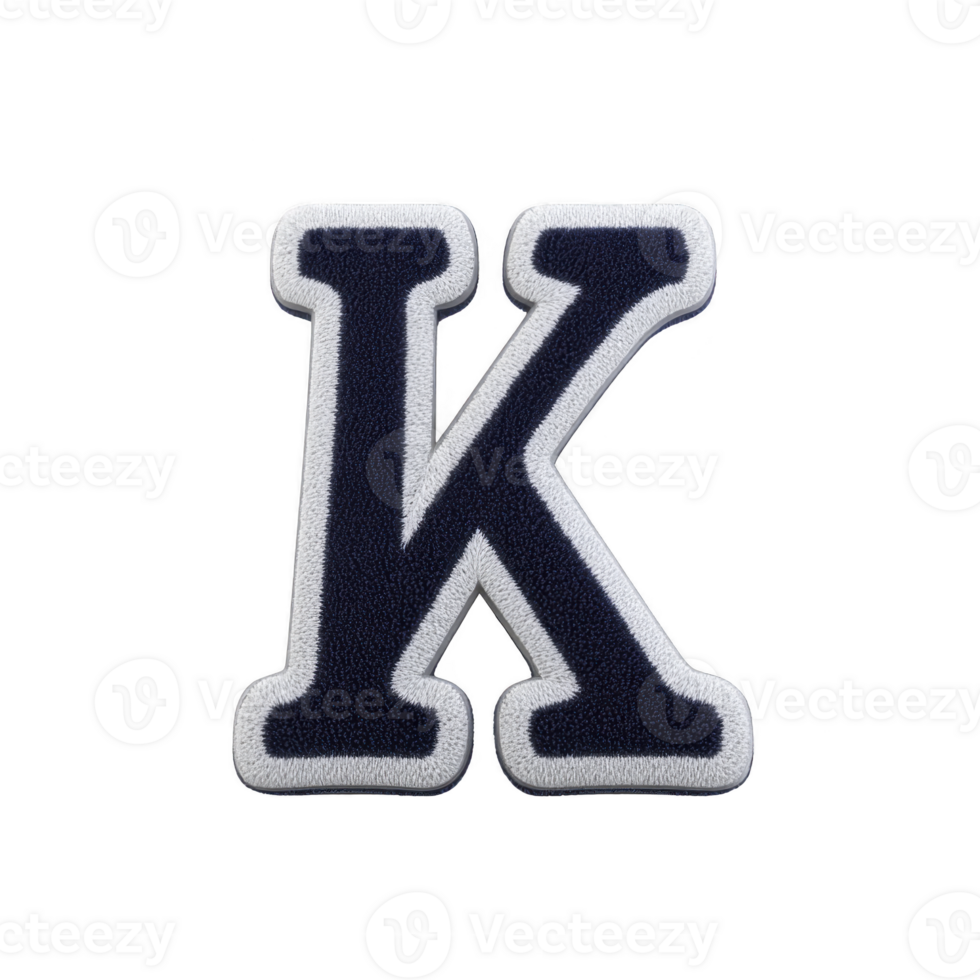 Bold, black letter K with white outline, resembling varsity or letterman jacket patch, is displayed against transparent background. design is simple and classic png