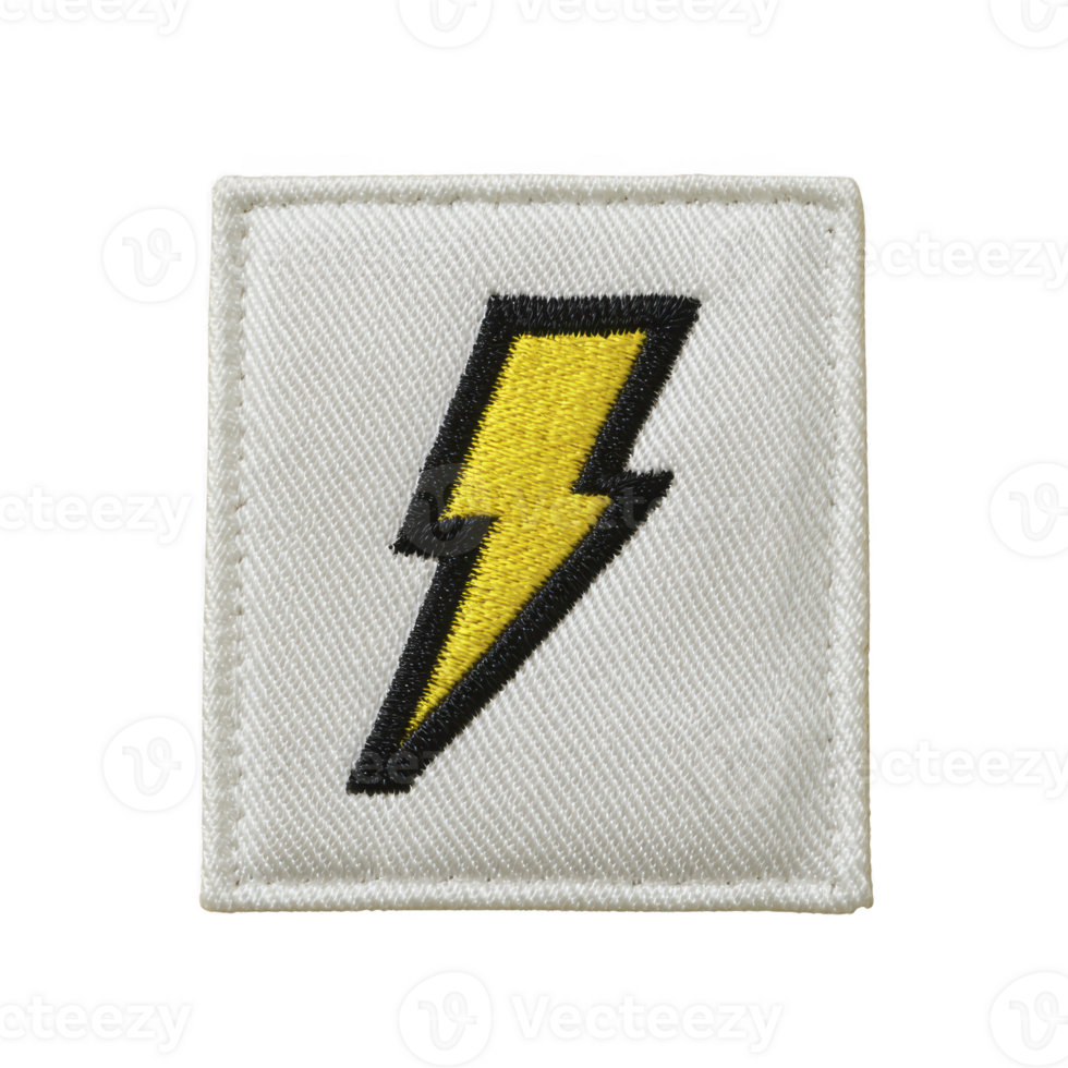 Square fabric patch features bold yellow lightning bolt outlined in black, set against transparency background. design is simple yet striking, conveying energy and power png
