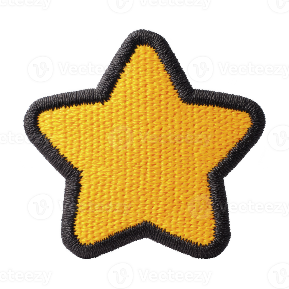 Yellow star shaped embroidered patch with black border, perfect for adding playful touch to clothing or accessories. vibrant design stands out, making it ideal for customization png