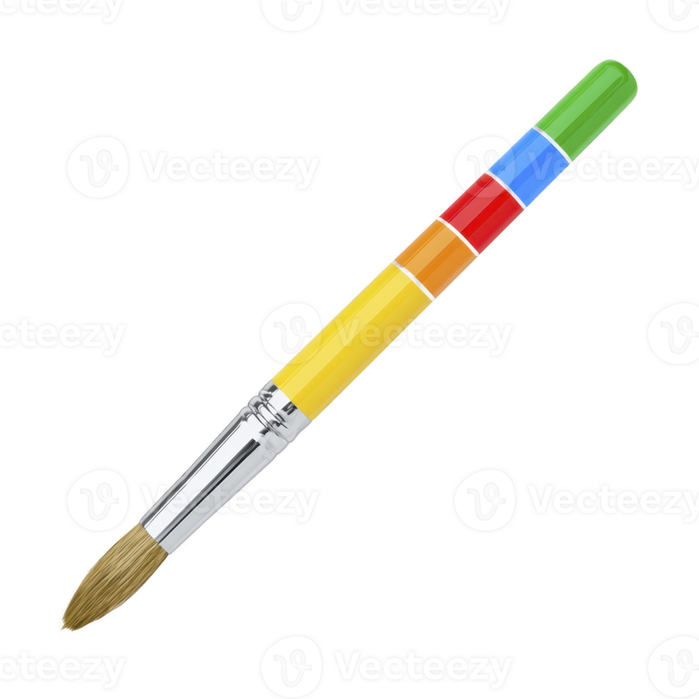 Colorful paintbrush with vibrant handle featuring green, blue, red, orange, and yellow sections, and metal ferrule holding natural bristles. Perfect for artistic projects png